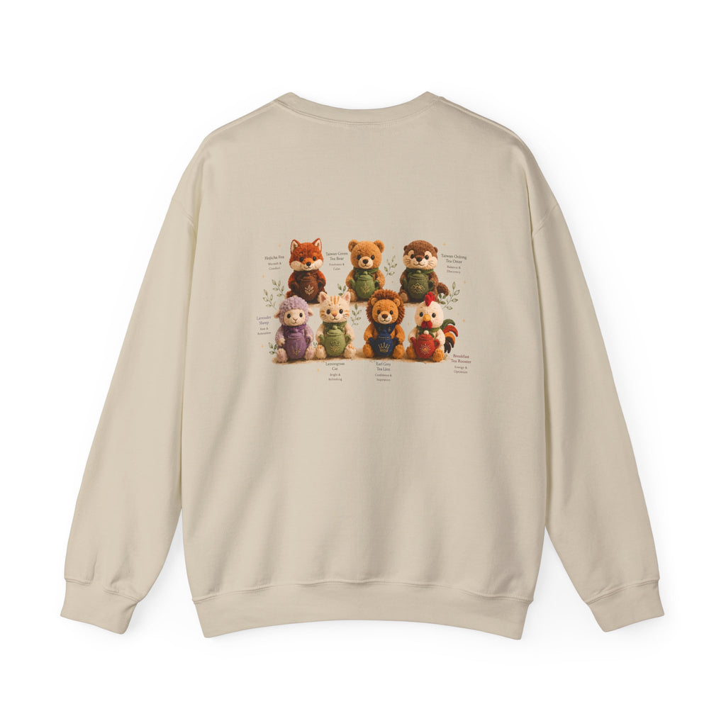 Crewneck Sweatshirt — Cute Plush Animal Lineup Graphic (Back) & Tiny Potted Plant Detail (Front)