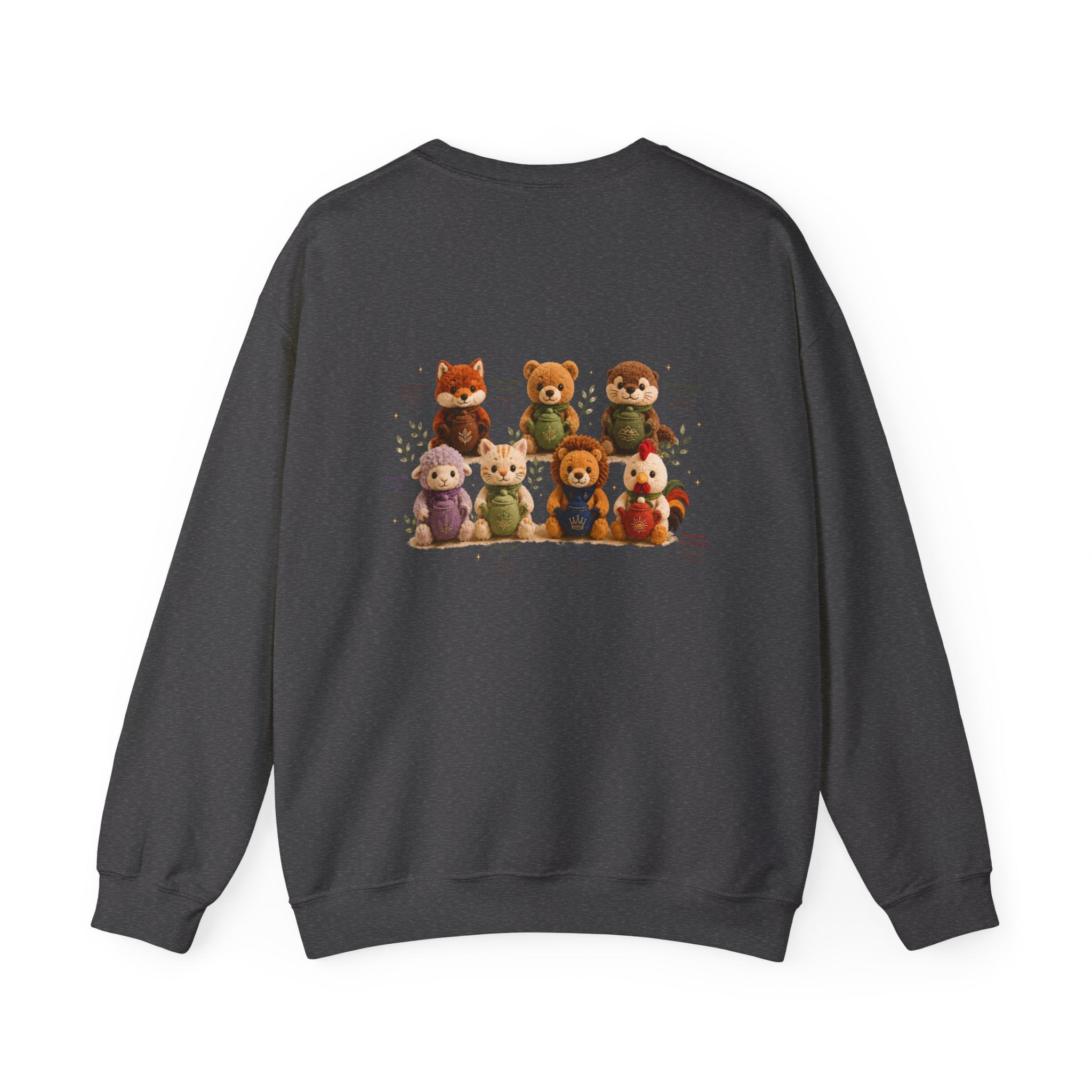 Crewneck Sweatshirt — Cute Plush Animal Lineup Graphic (Back) & Tiny Potted Plant Detail (Front)