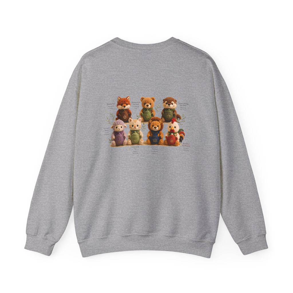 Crewneck Sweatshirt — Cute Plush Animal Lineup Graphic (Back) & Tiny Potted Plant Detail (Front)