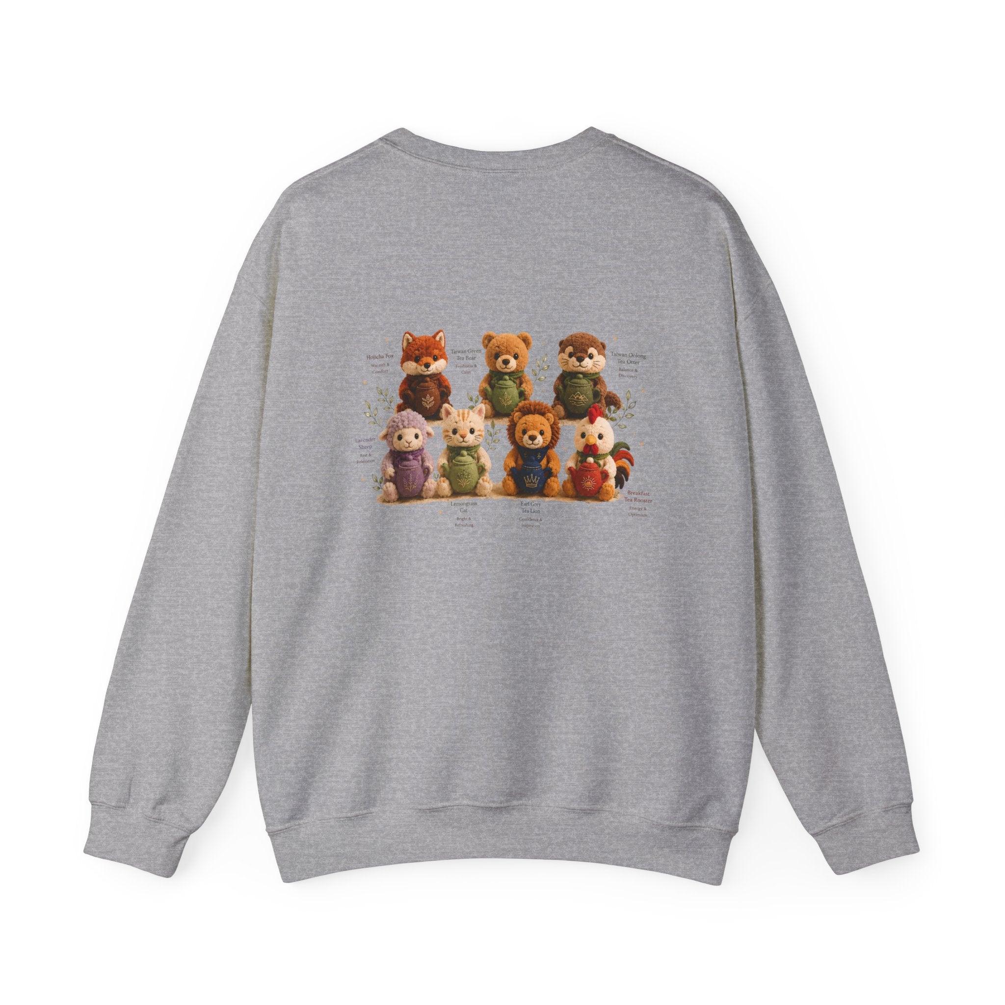 Crewneck Sweatshirt — Cute Plush Animal Lineup Graphic (Back) & Tiny Potted Plant Detail (Front)