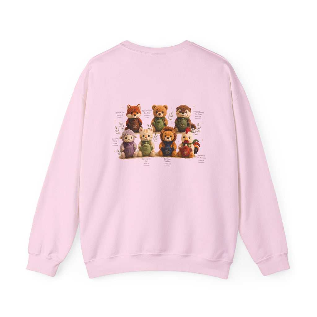Crewneck Sweatshirt — Cute Plush Animal Lineup Graphic (Back) & Tiny Potted Plant Detail (Front)