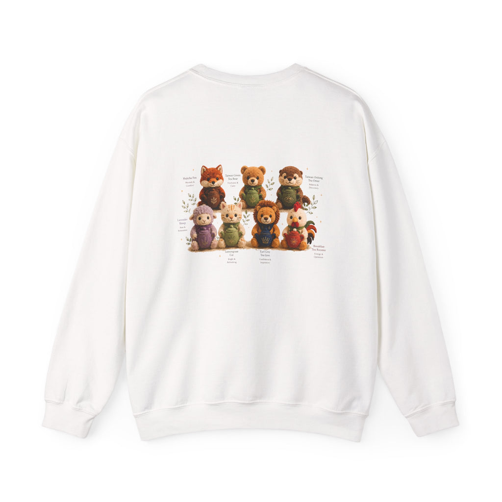 Crewneck Sweatshirt — Cute Plush Animal Lineup Graphic (Back) & Tiny Potted Plant Detail (Front)