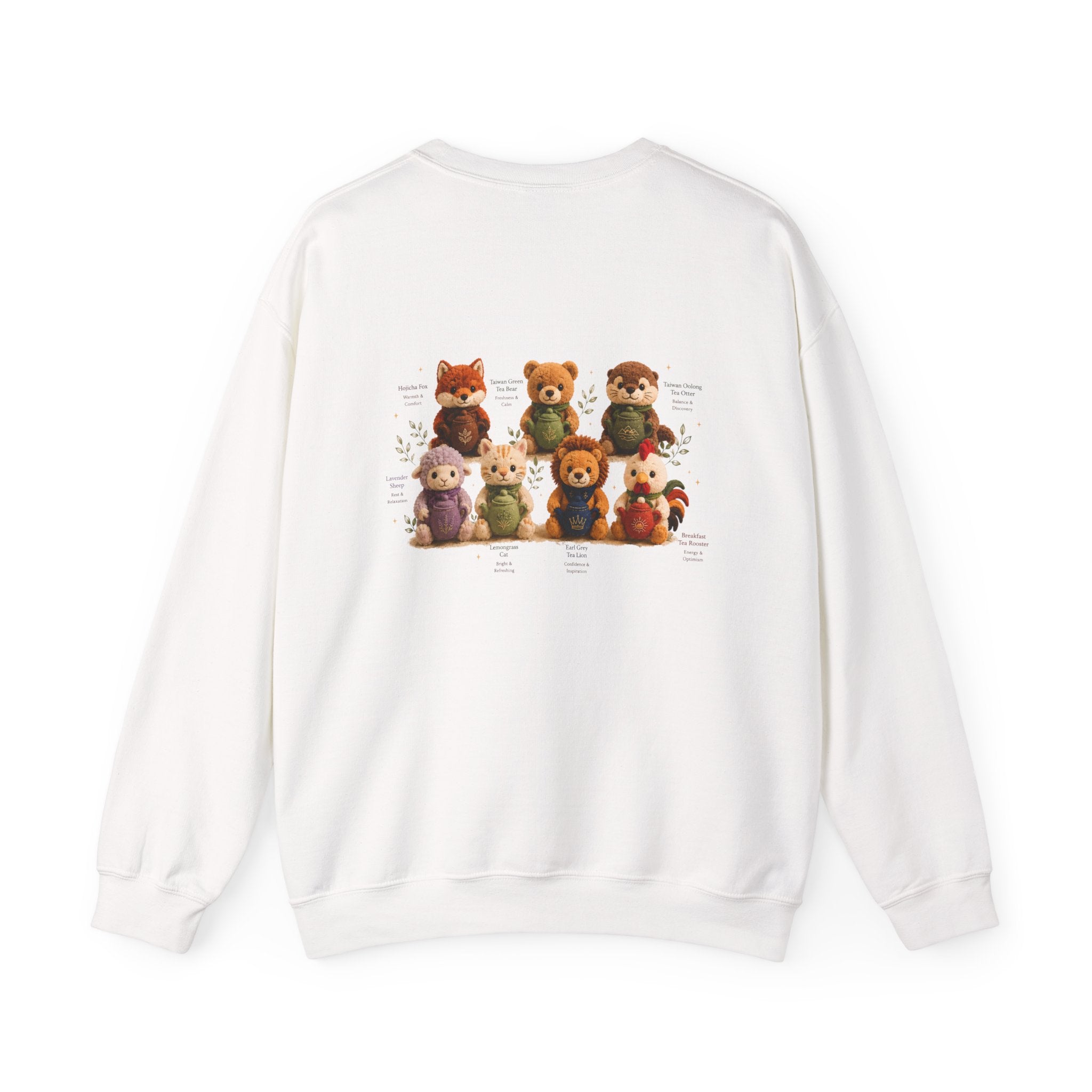 Crewneck Sweatshirt — Cute Plush Animal Lineup Graphic (Back) & Tiny Potted Plant Detail (Front)