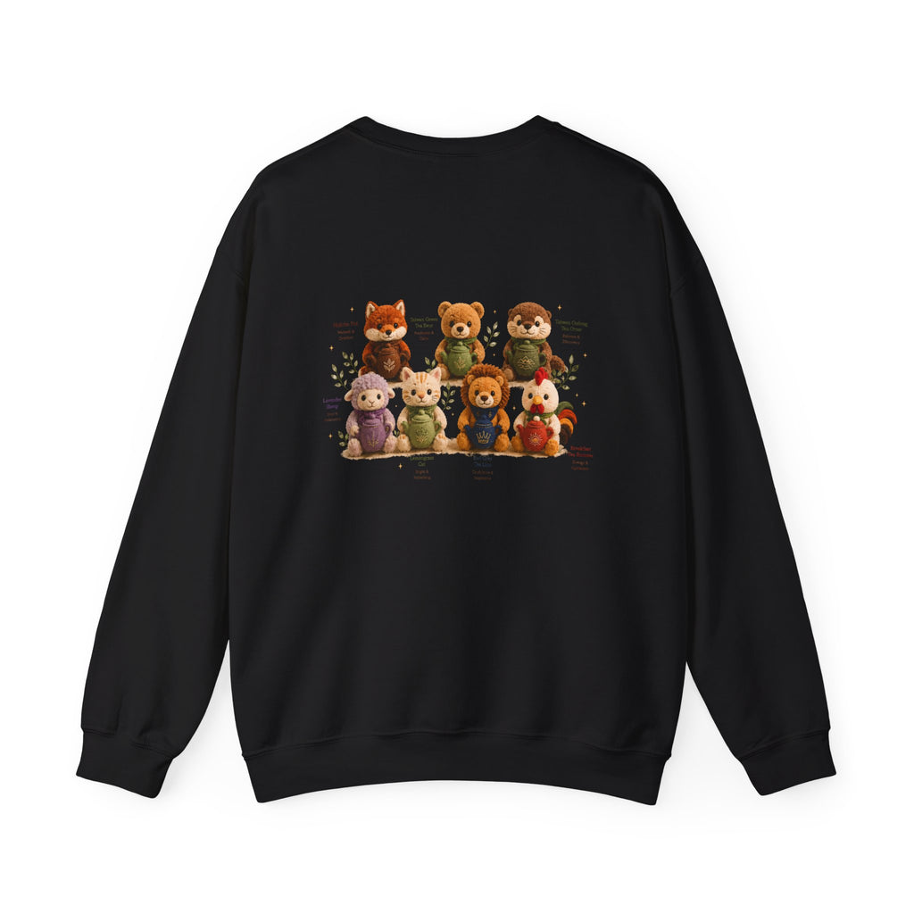 Crewneck Sweatshirt — Cute Plush Animal Lineup Graphic (Back) & Tiny Potted Plant Detail (Front)
