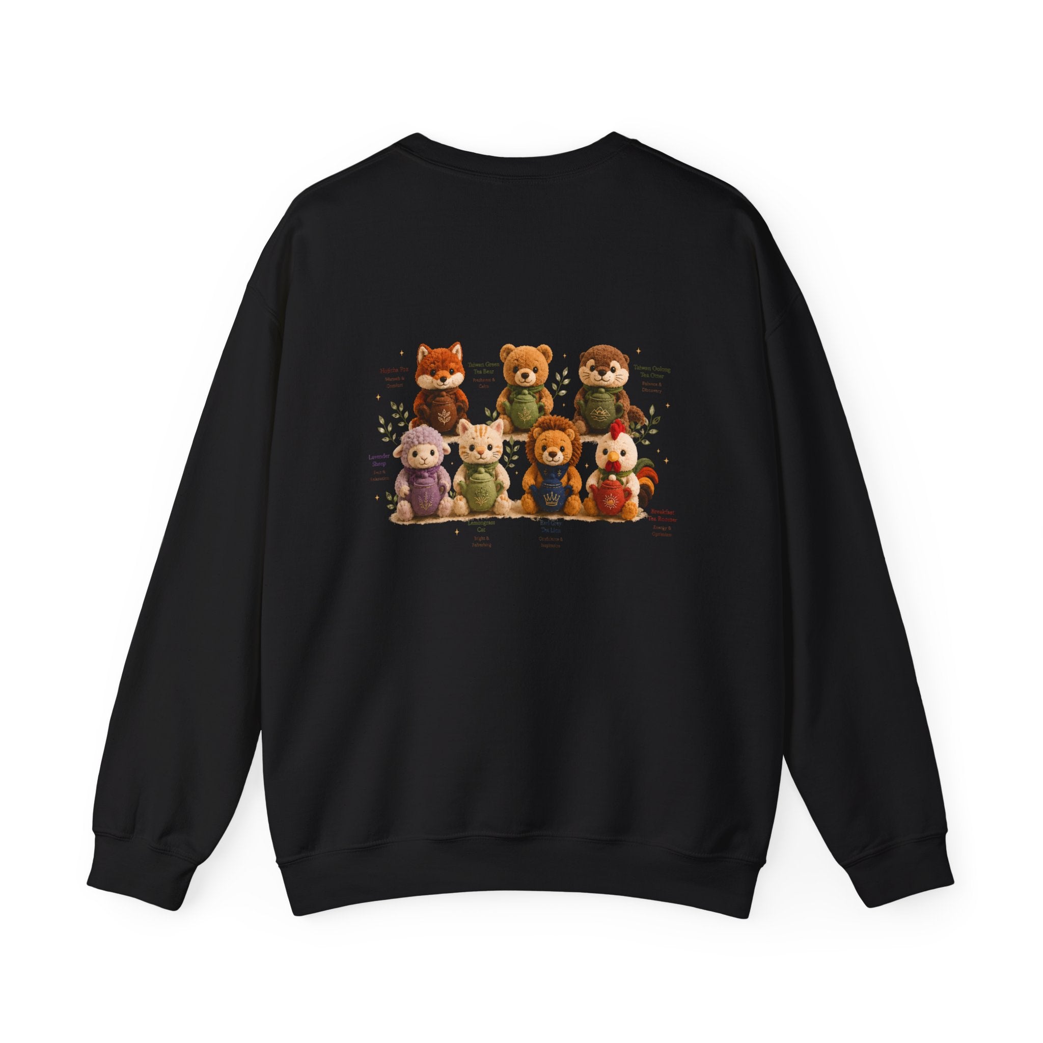 Crewneck Sweatshirt — Cute Plush Animal Lineup Graphic (Back) & Tiny Potted Plant Detail (Front)